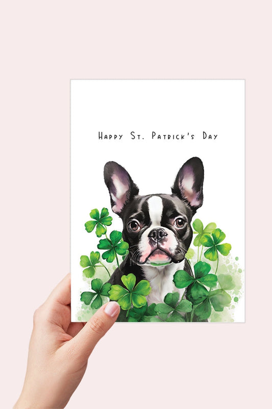 Boston Terrier St Patricks Day Card Printable, Shamrock Black and White Boston Terrier, Personalized Dog Lover Card