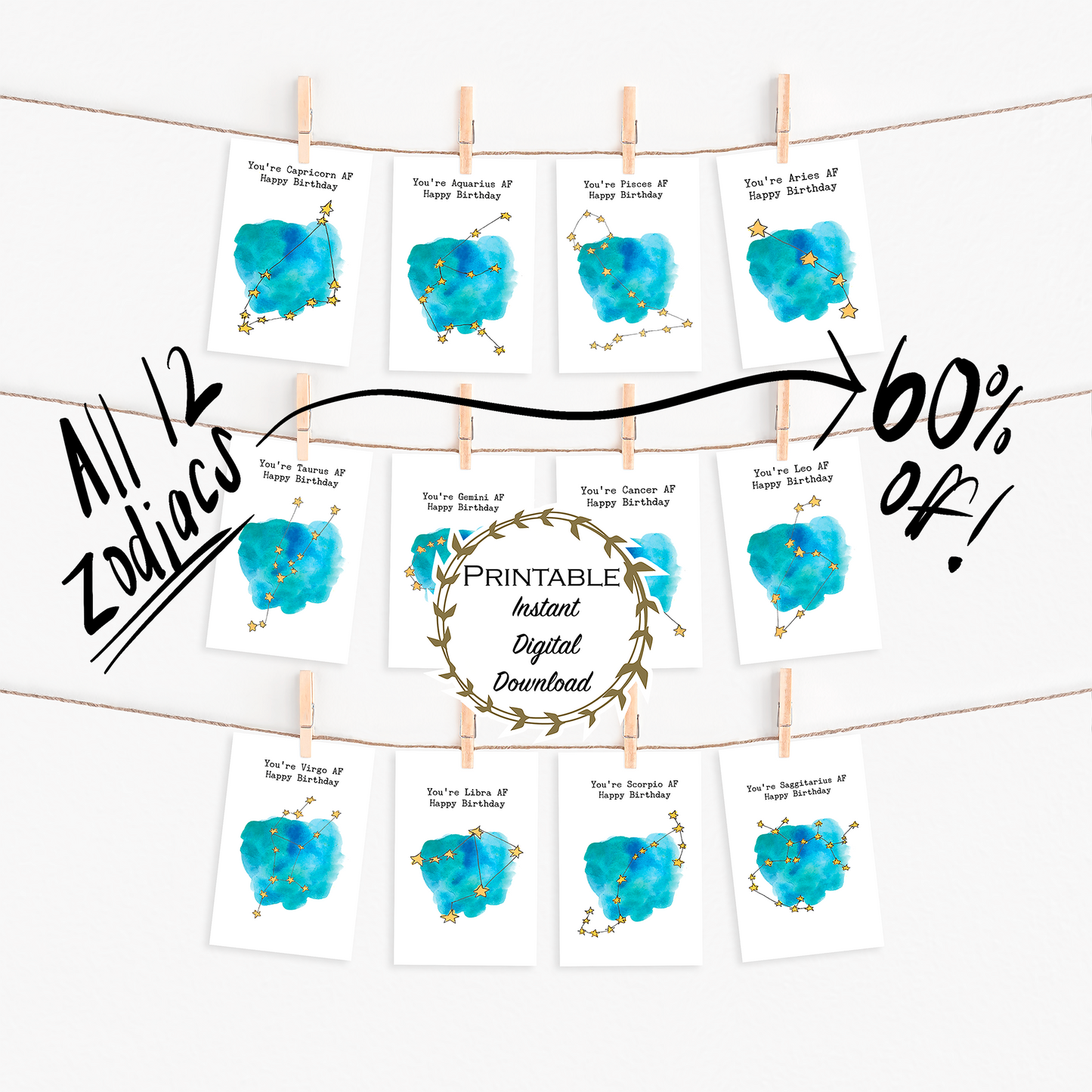 Zodiac AF Constellation Birthday Card Set of 12 Printable - Digital Download