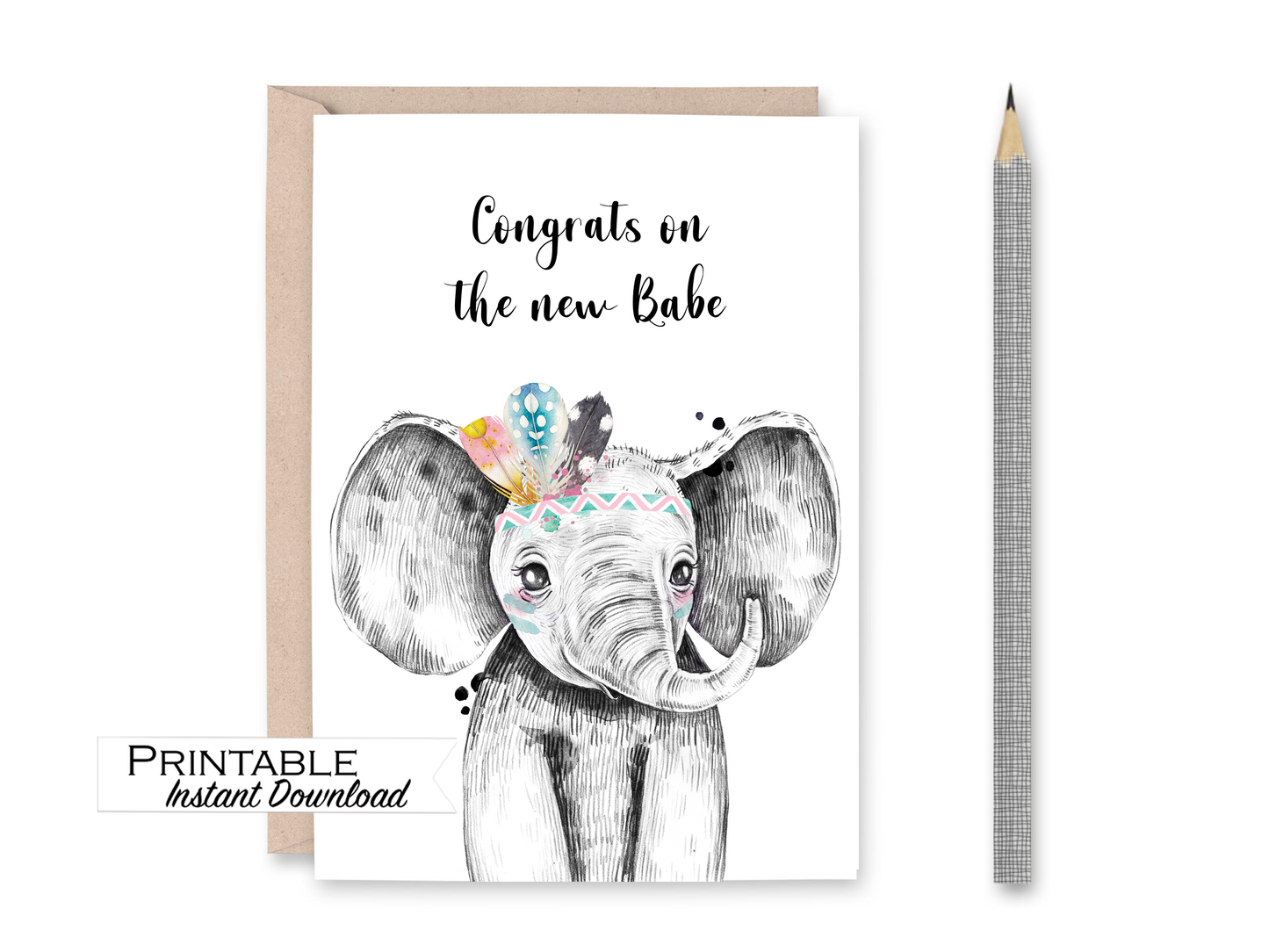 Congrats on the New Babe Elephant Card Printable - Digital Download