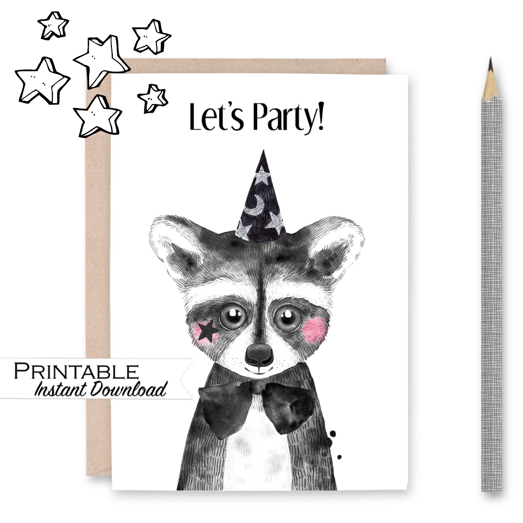 Lets Party Raccoon Birthday Card Printable - Digital Download