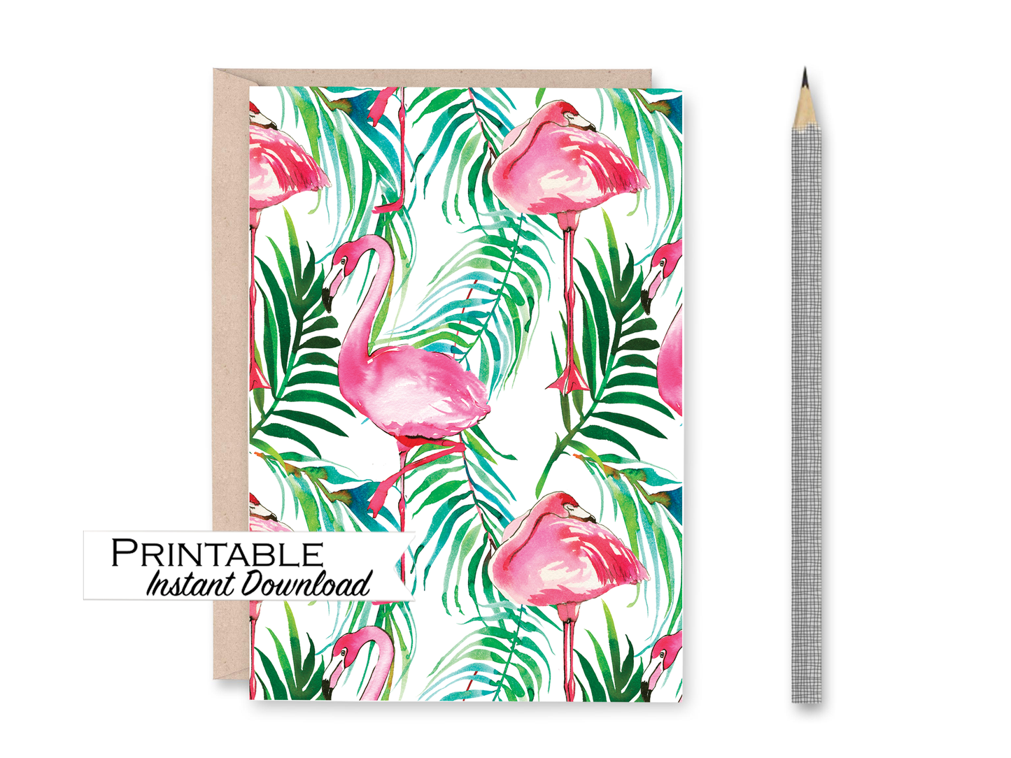 Pink Flamingo Print Blank Card Printable - Digital Download