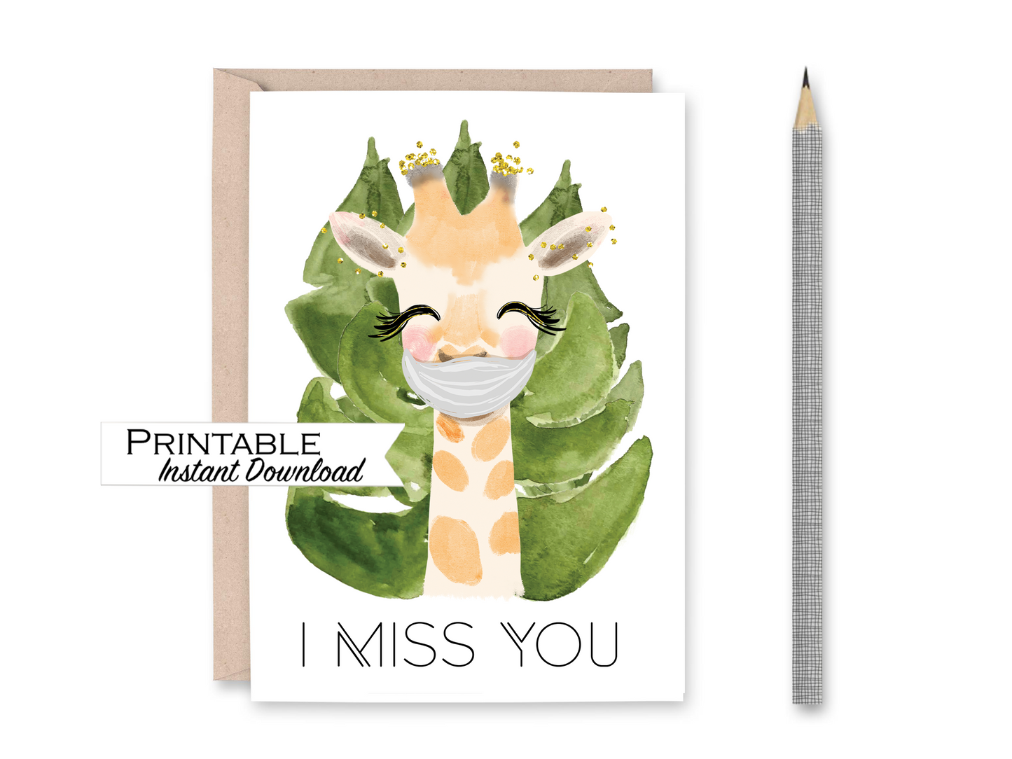 Giraffe Miss you Card Printable - Digital Download