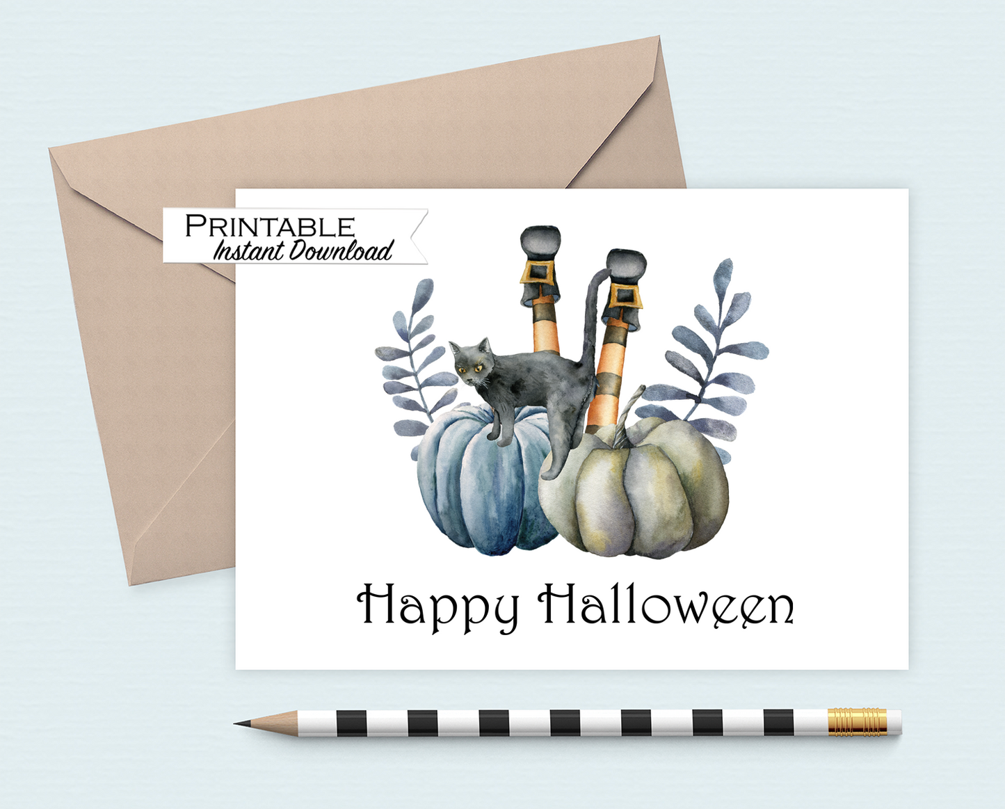 Black Cat Happy Halloween Card Printable - Digital Download