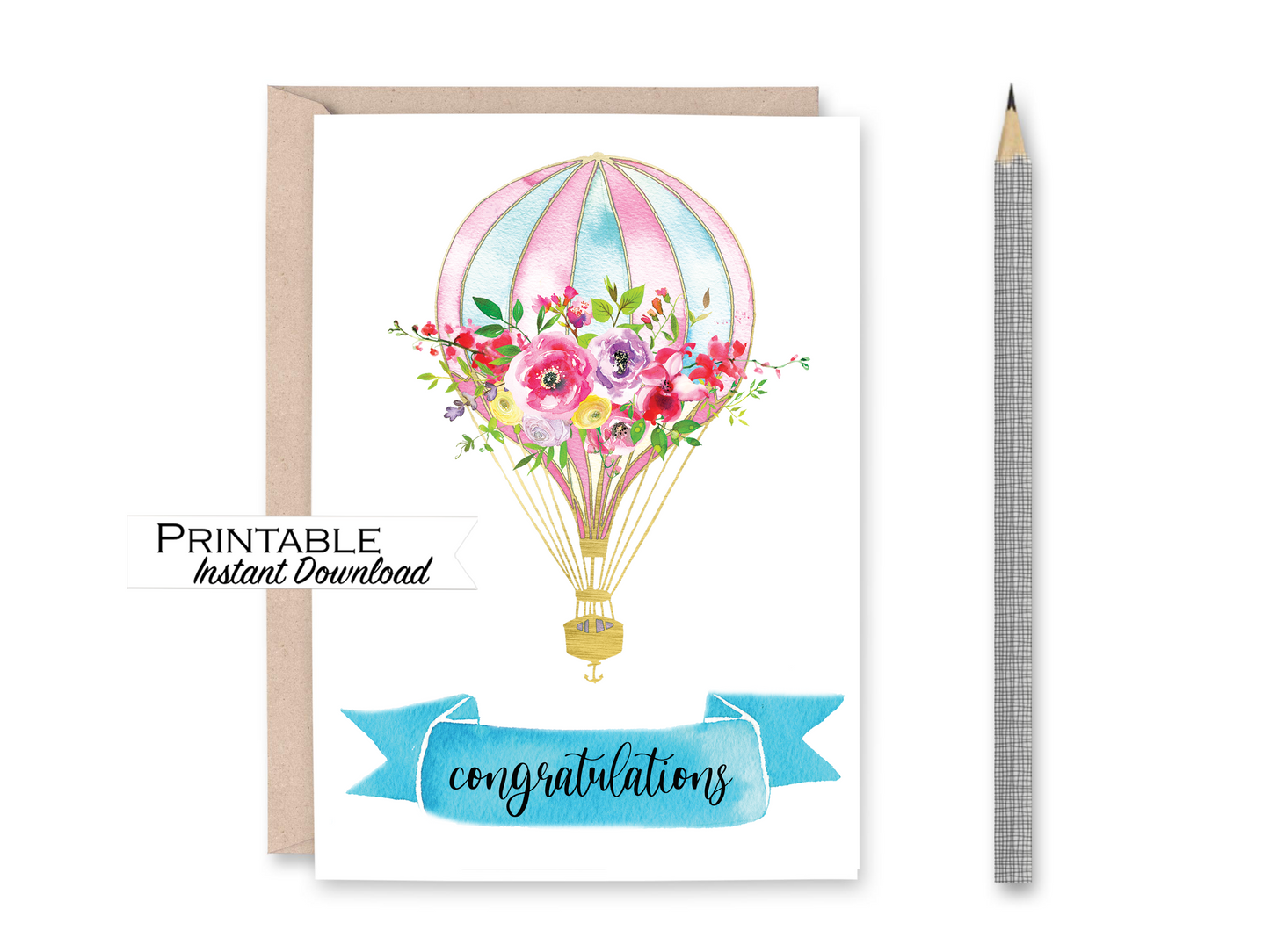 Rainbow Hot-air Balloon Adventure Awaits Congratulations Card Printable - Digital Download