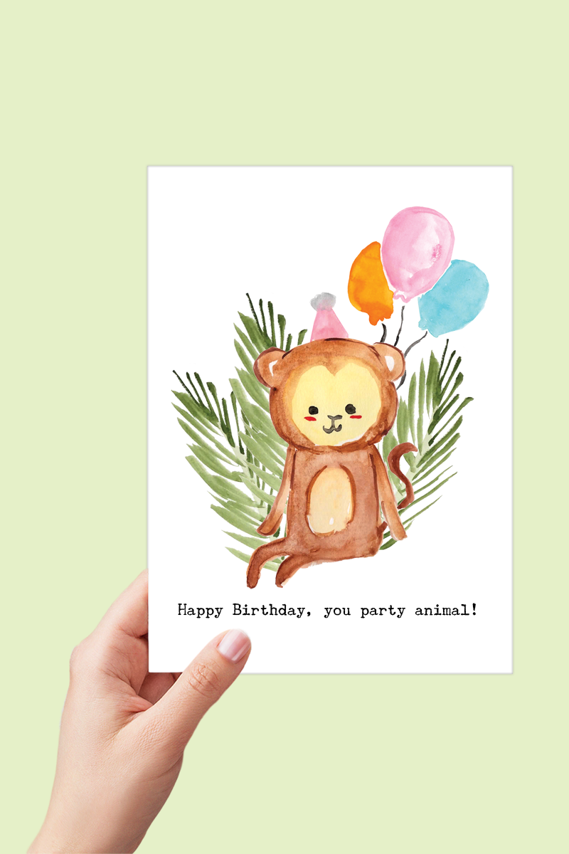 Monkey Party Animal Birthday Card Printable - Digital Download