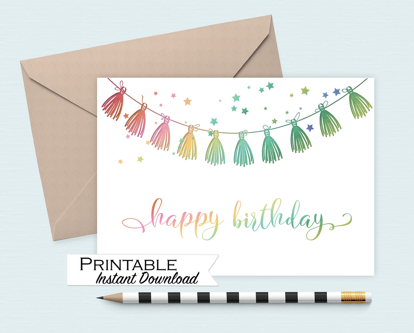 Rainbow Tassel Garland Happy Birthday Card Printable - Digital Download