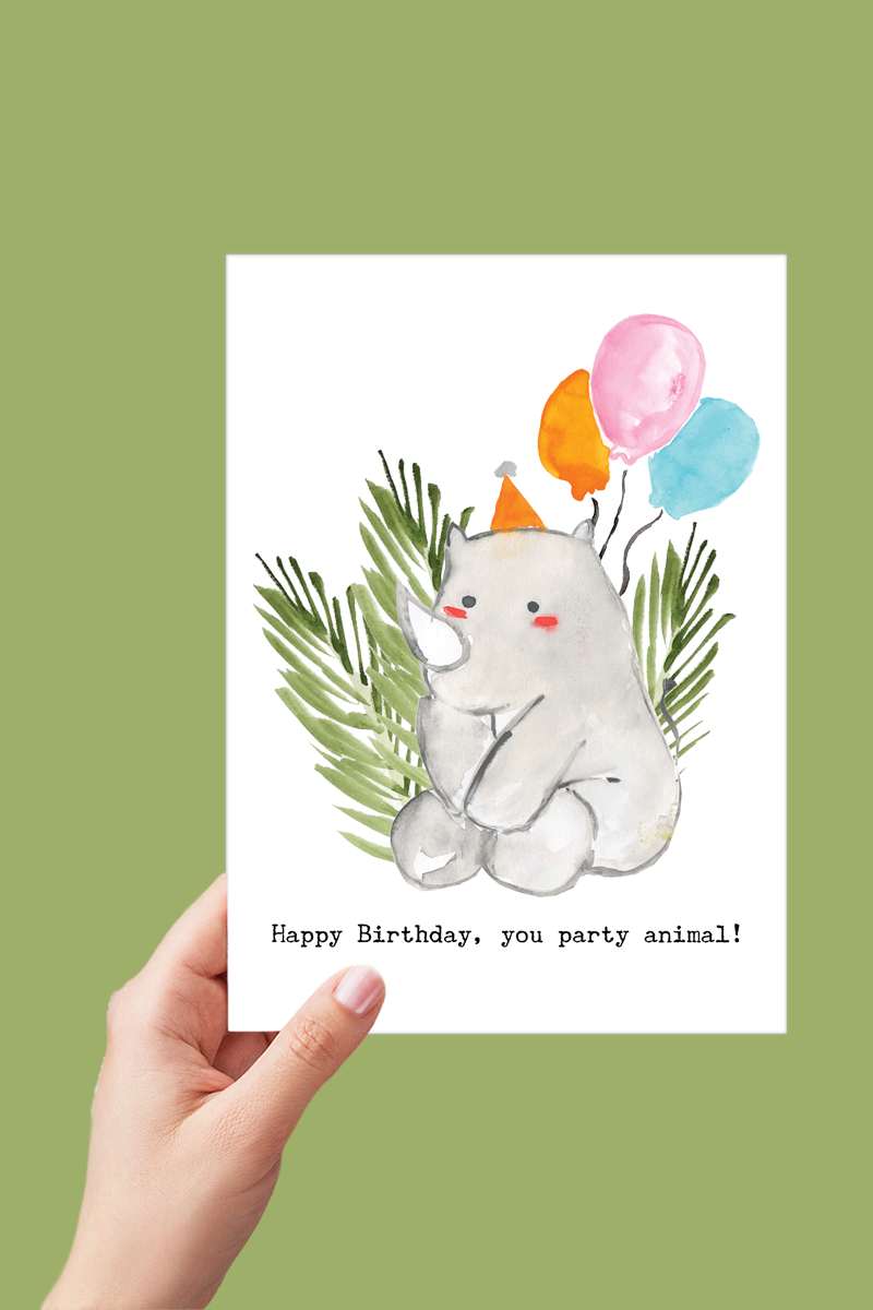 Rhinoceros Party Animal Birthday Card Printable - Digital Download