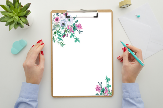 Floral Pink and Green Watercolor Stationery Set Printable - Digital Download