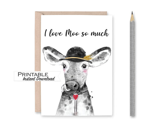 I Love Moo so Much Cow Card Printable - Digital Download
