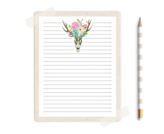 Boho Skull Unlined & Lined Stationery Set Printable - Digital Download