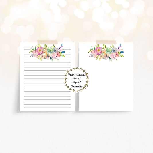 Boho Unlined & Lined Stationery Set - Florals, Skull, Dreamcatcher Printable - Digital Download