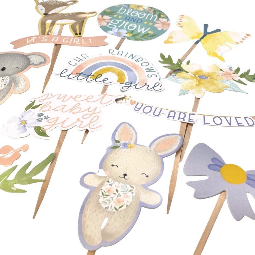 Baby Shower Cupcake Toppers, Bloom and Grow Sweet Baby Girl, Its a Girl Cake Topper, Butterfly Cupcake Topper, Chase Rainbows, Girl Stickers