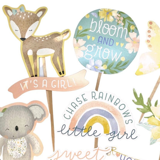 Baby Shower Cupcake Toppers, Bloom and Grow Sweet Baby Girl, Its a Girl Cake Topper, Butterfly Cupcake Topper, Chase Rainbows, Girl Stickers