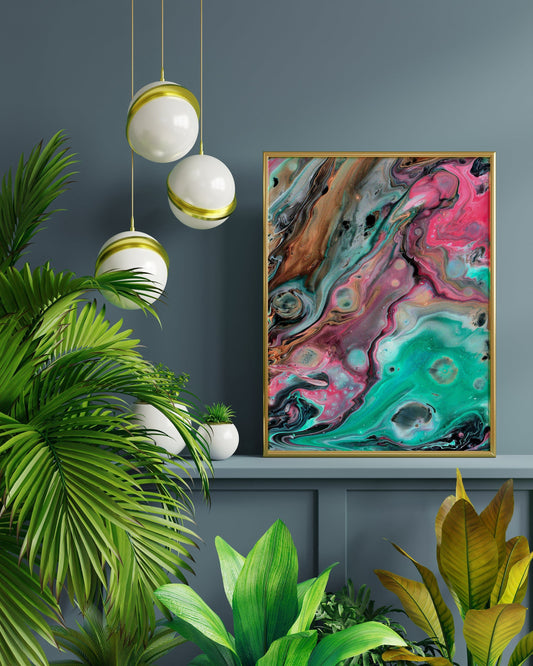 Hot Pink Black and Teal Funky Wall Art Printable, Abstract Marble Art Apartment Decor, Marble Print Watercolor Poster, Modern Wall Art