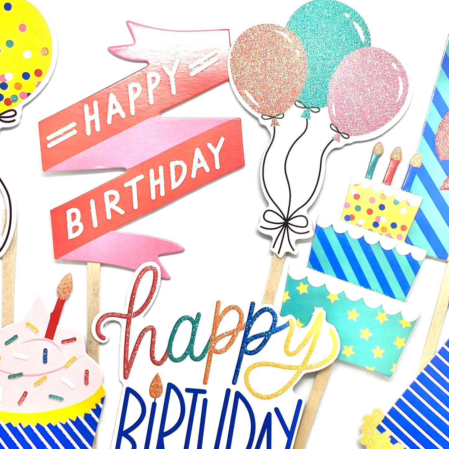 Birthday Cake Toppers, Happy Birthday Cupcake Toppers, Primary Colors Birthday Party Decor - Party Hats, Balloons, Presents Sticker Set