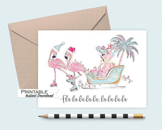 Flamingo Christmas Card Printable, Flalalalala Funny Christmas Card, Pink and Teal Tropical Palm Tree Card for Her, Ice Skates Greeting Card