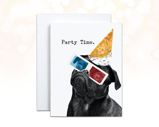 Pug Dog Funny Birthday Card - Party Time, Card for all Celebrations