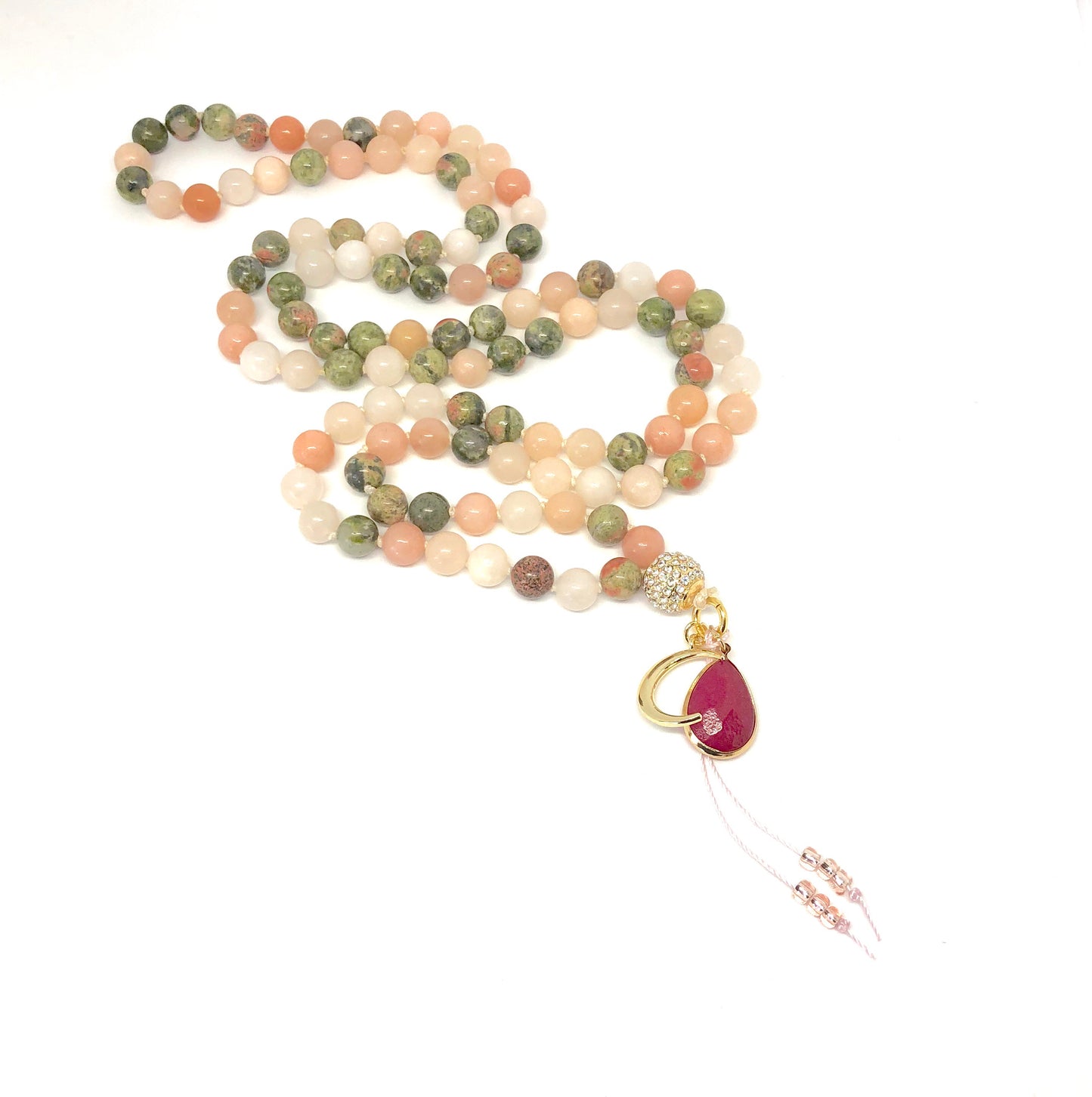 Pink Opal + Unakite 108 Bead Moon Mala Necklace