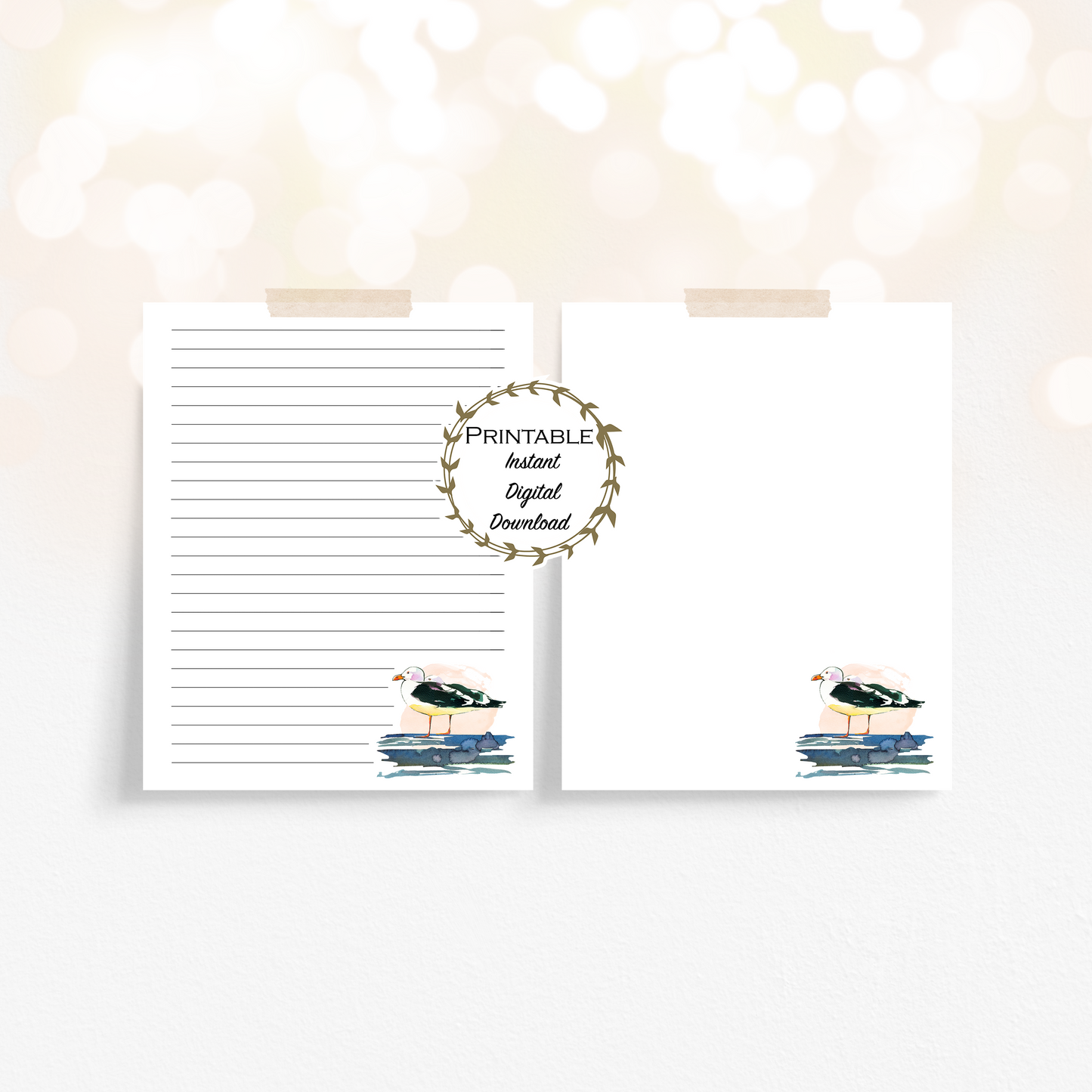 Watercolor Seagull Stationery Set Printable - Digital Download