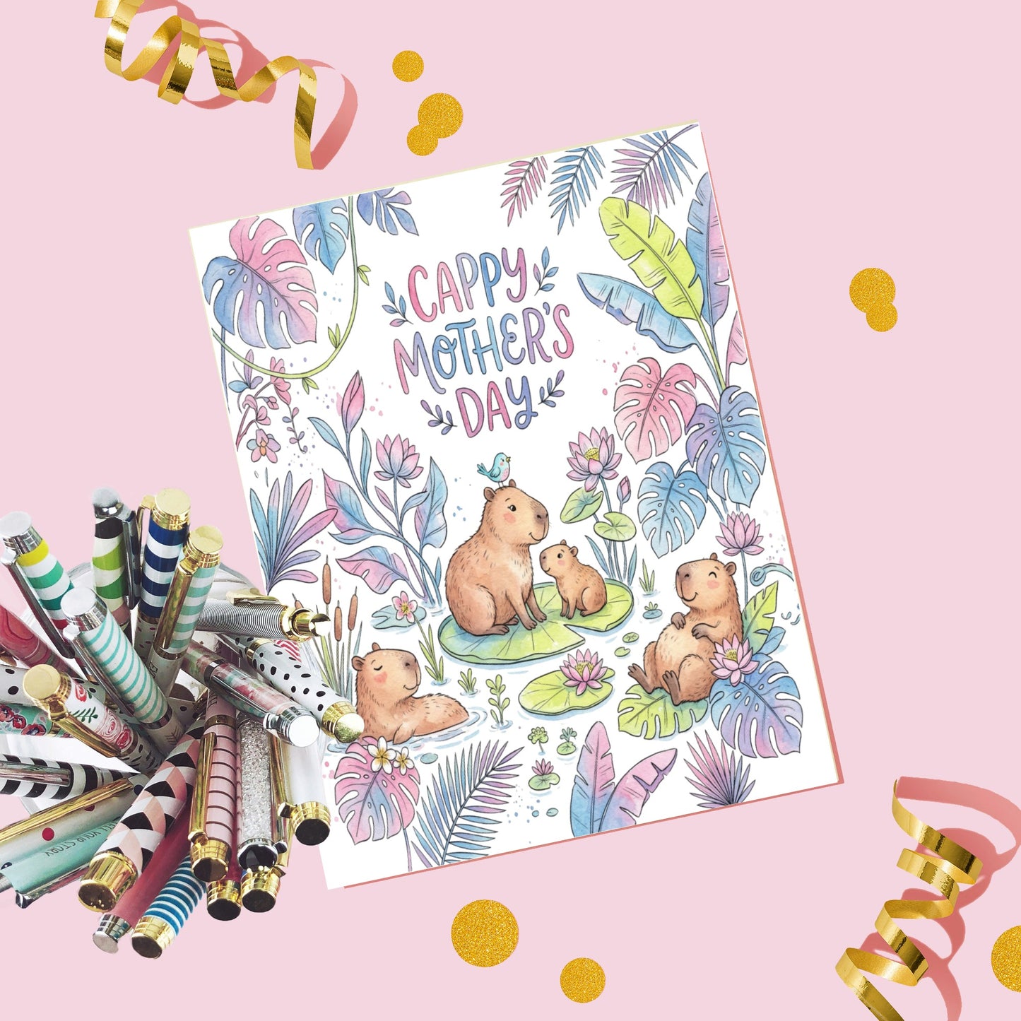 Card with capybaras and "Cappy Mother's Day" text, with pens and confetti.