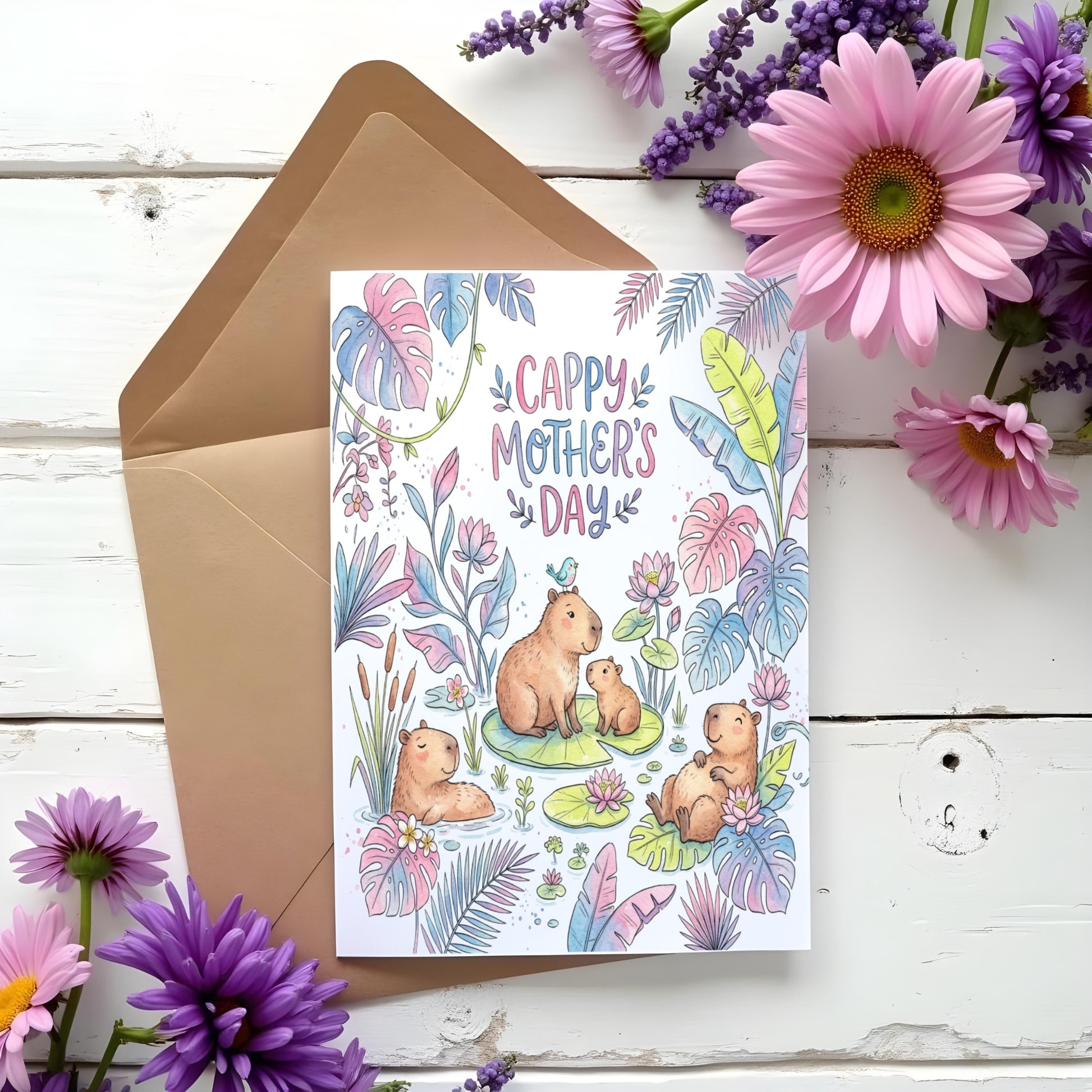 Mother's Day card with capybaras in water, surrounded by flowers and envelope.