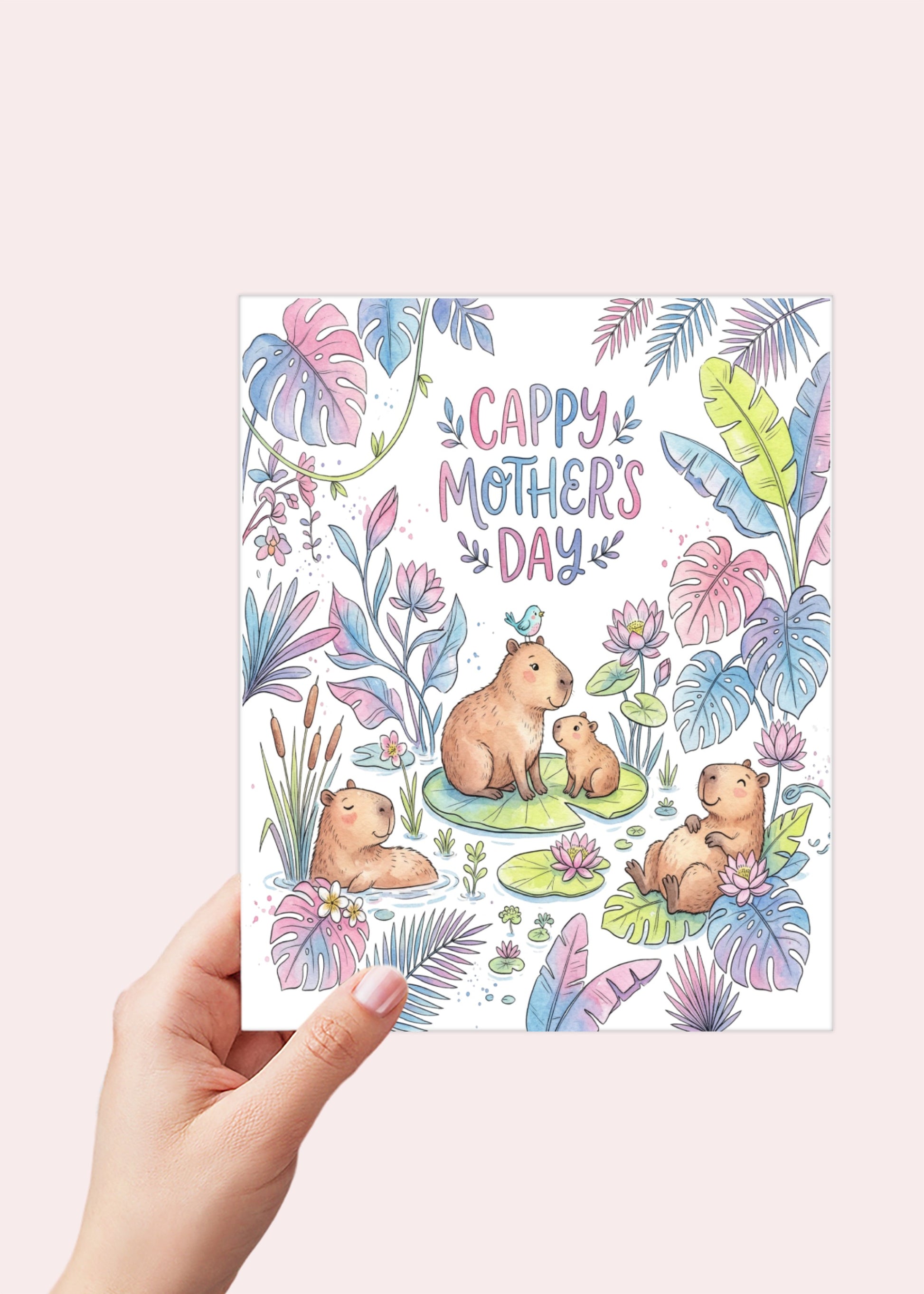 Capybaras celebrating Mother's Day with colorful flowers and leaves.