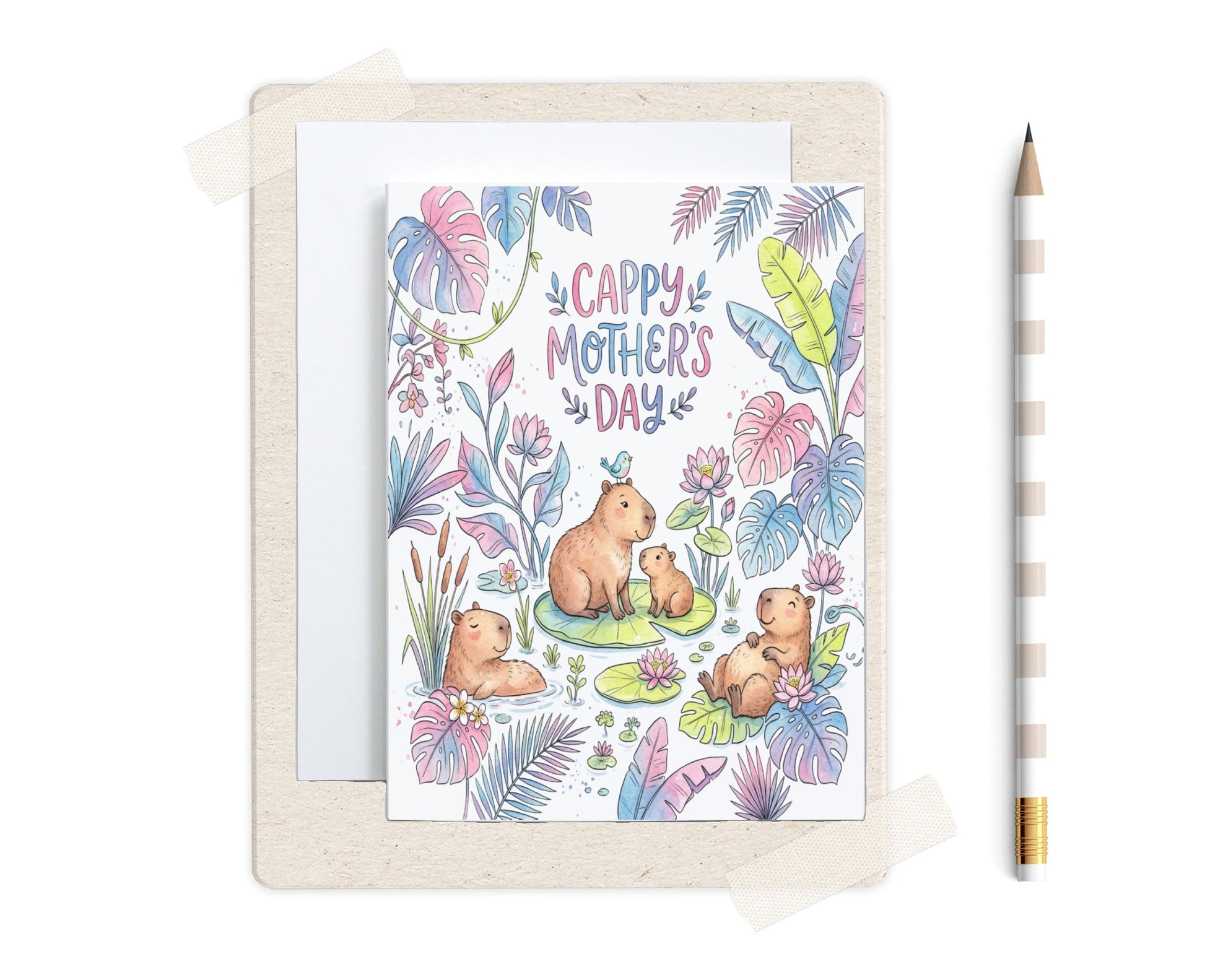 Illustration of capybaras on Mother's Day card with pastel tropical leaves.