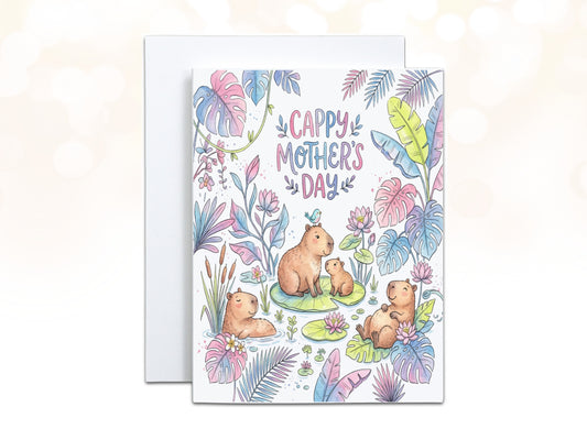 Capybara family celebrating Mother's Day on a pastel, floral illustrated card.