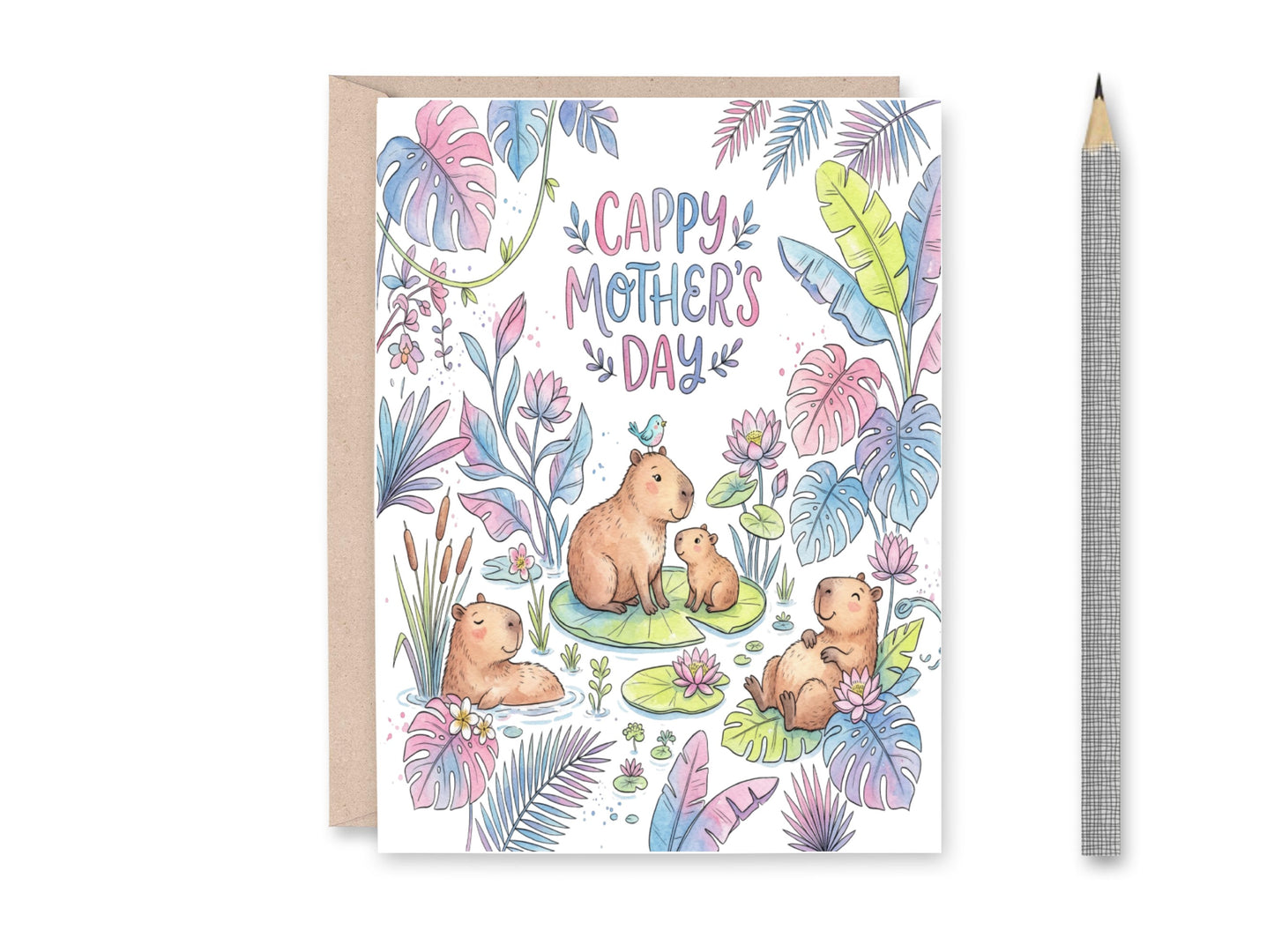 Capybara family on lily pads with "Cappy Mother's Day" text.
