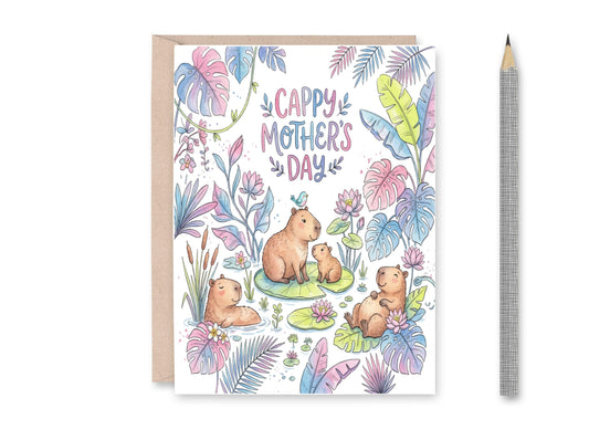 Capybara family on lily pads with "Cappy Mother's Day" text.