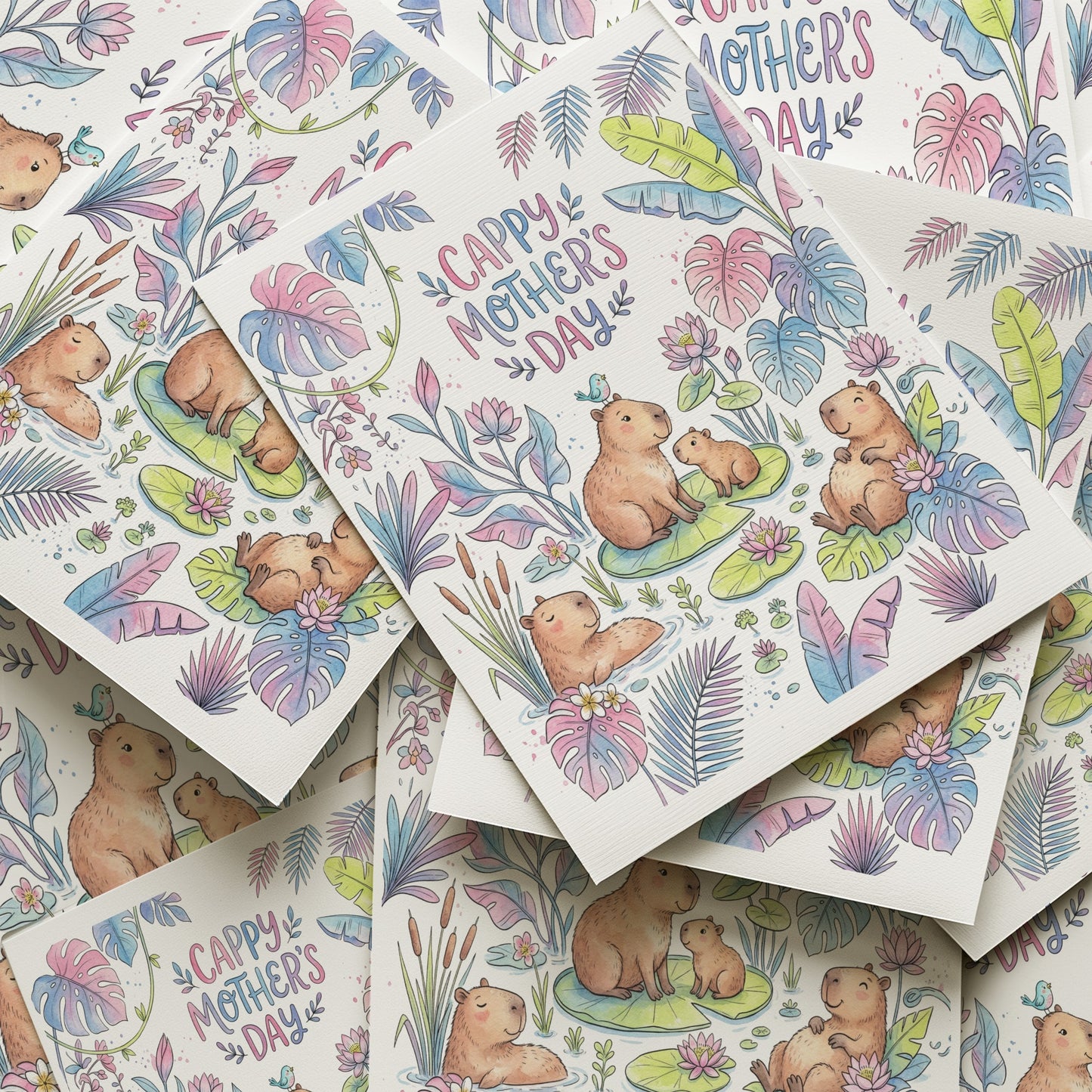 Capybaras in a pond with floral accents and "Cappy Mother's Day" text.