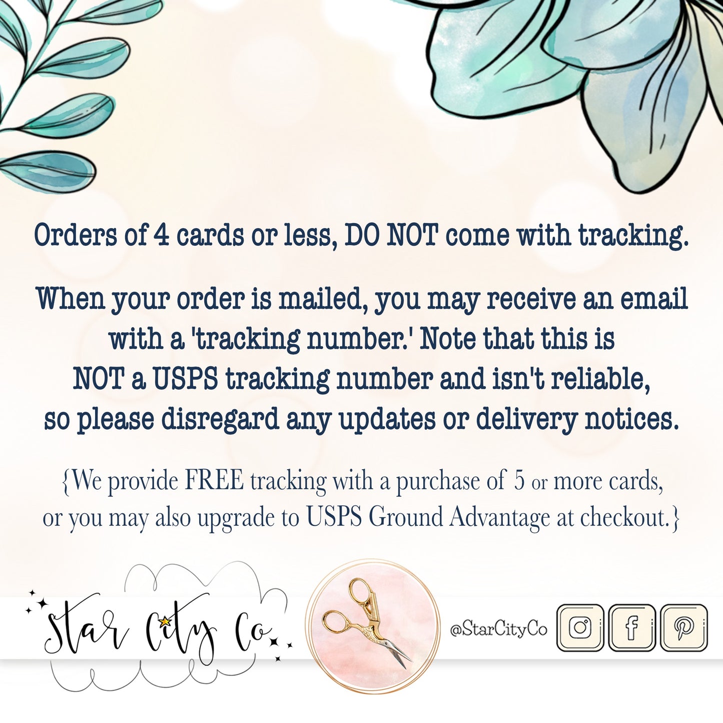 Text graphic about shipping and tracking for card orders from Star City Co.
