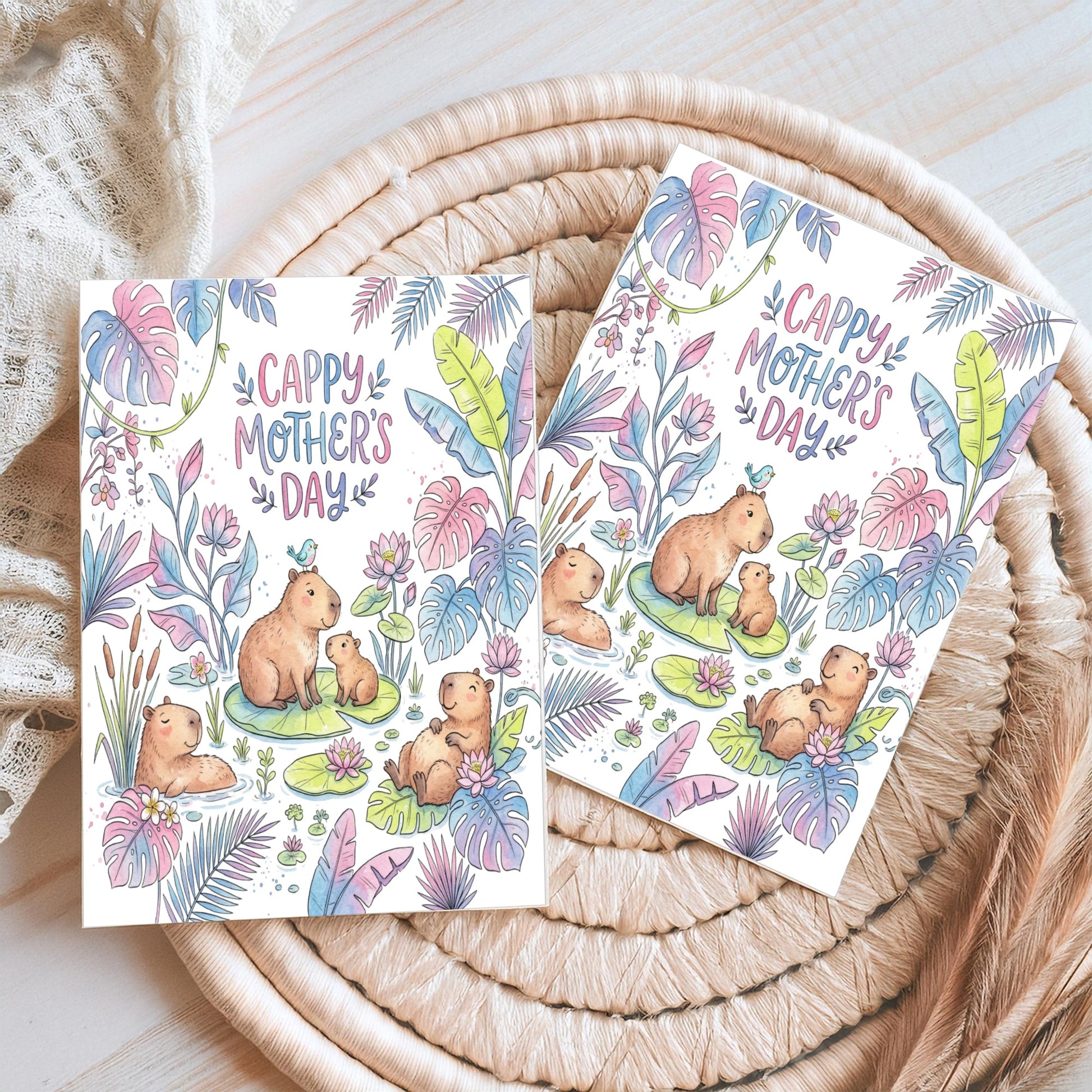 Cappy Mother's Day cards with capybaras and floral illustrations.