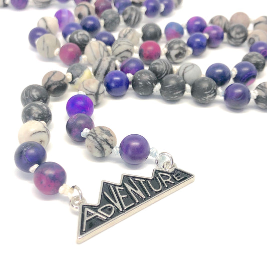 Adventure purple and black Mala Necklace close up