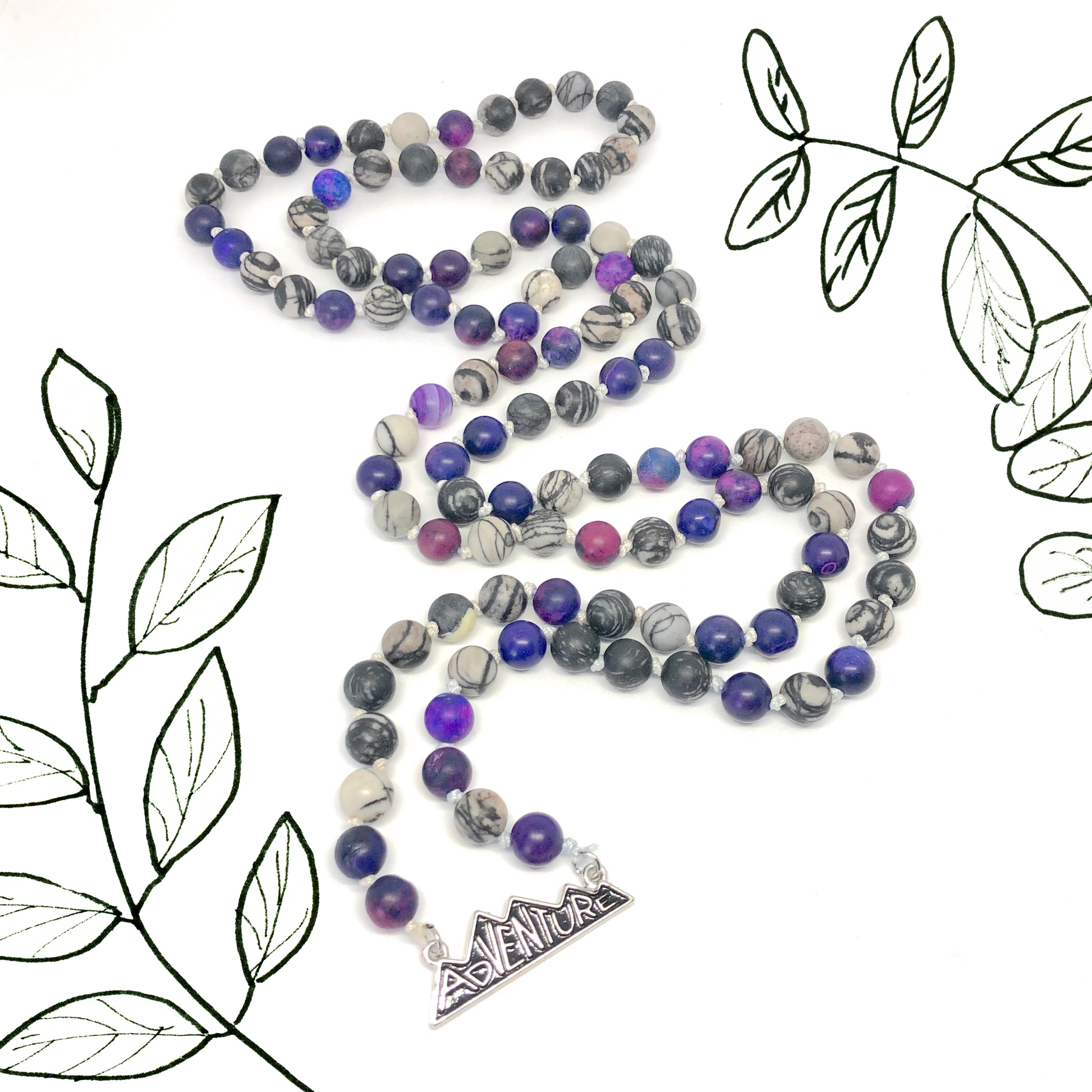 Adventure Pendant, Purple Jasper and Agate Mala Necklace with overlay