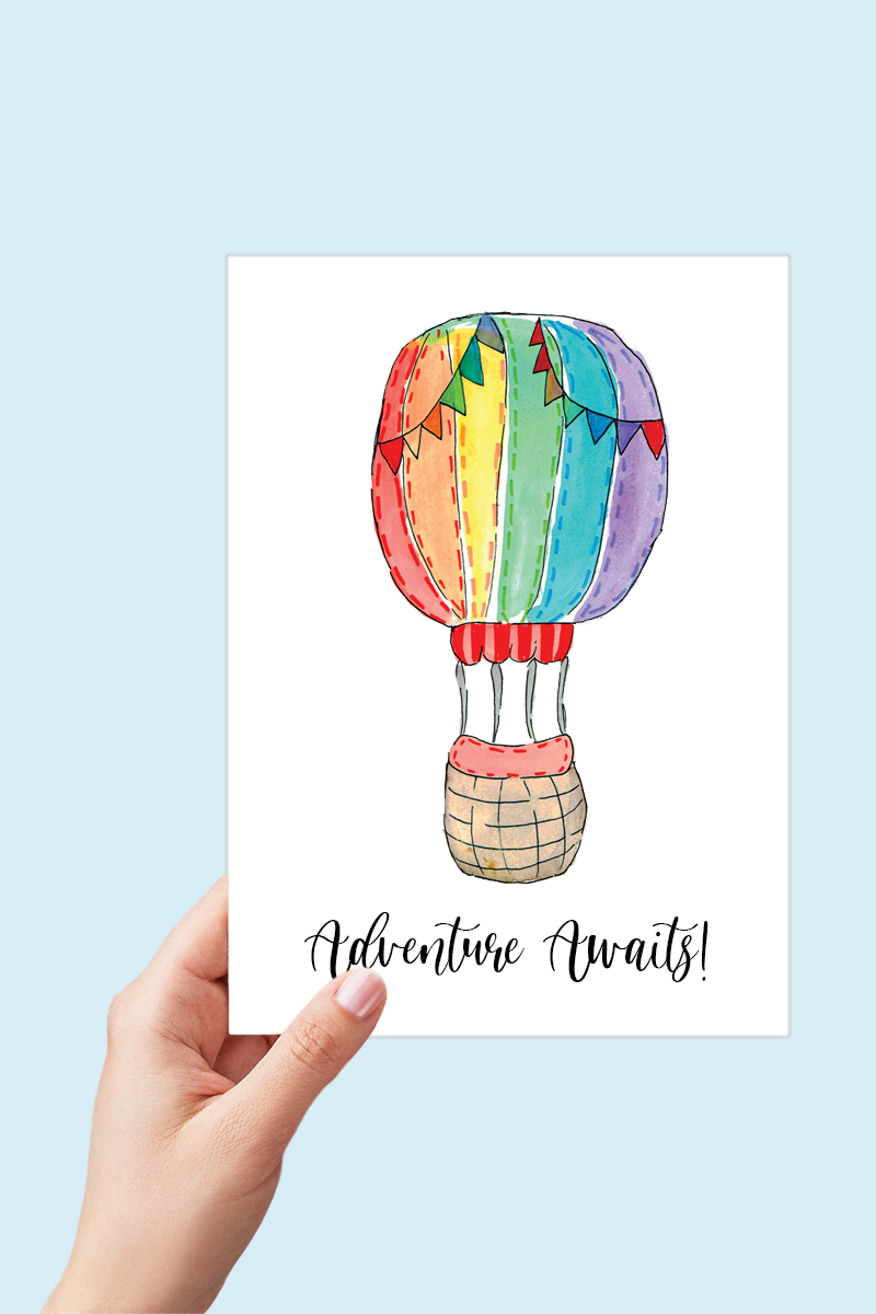 Rainbow Hot-air Balloon Adventure Awaits Congratulations Card Printable - Digital Download