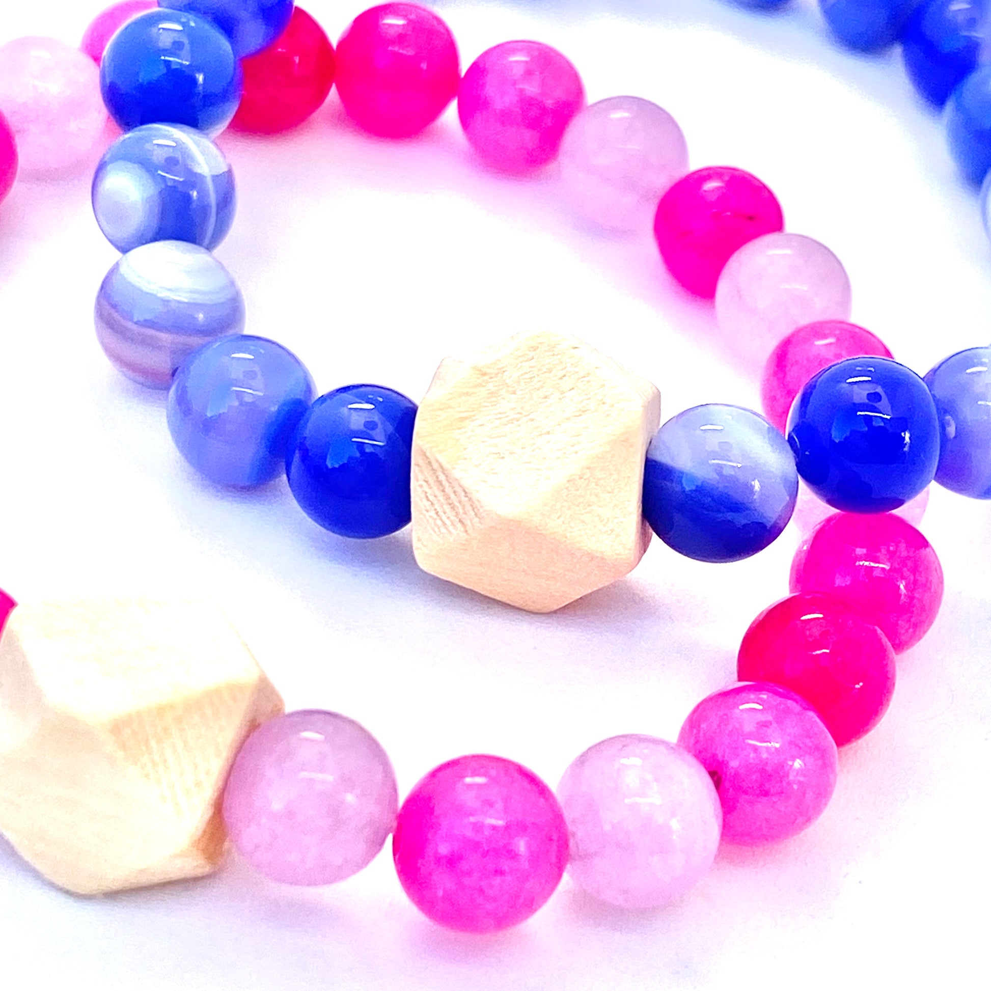 pink Jade and blue Agate essential oil diffuser bracelet with with wooden geometric beads