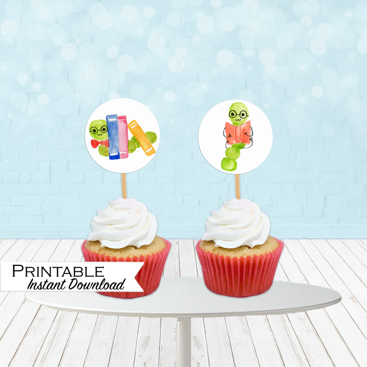 Bookworm Printable Cupcake Toppers