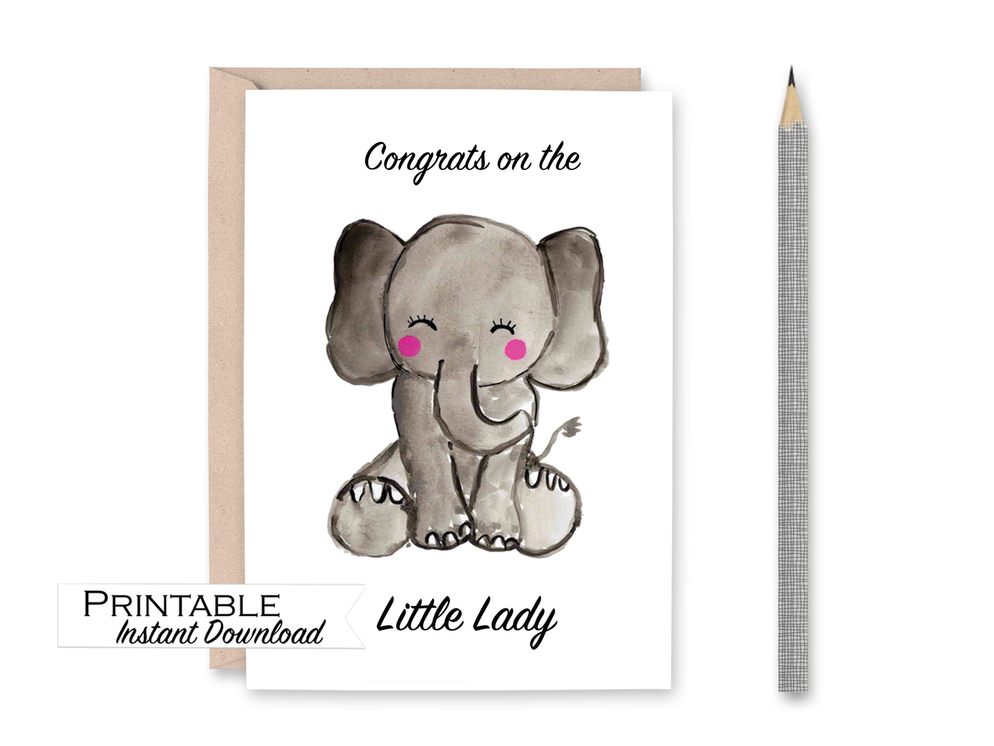 Elephant Baby Shower Card Congratulations Card Printable - Digital Download