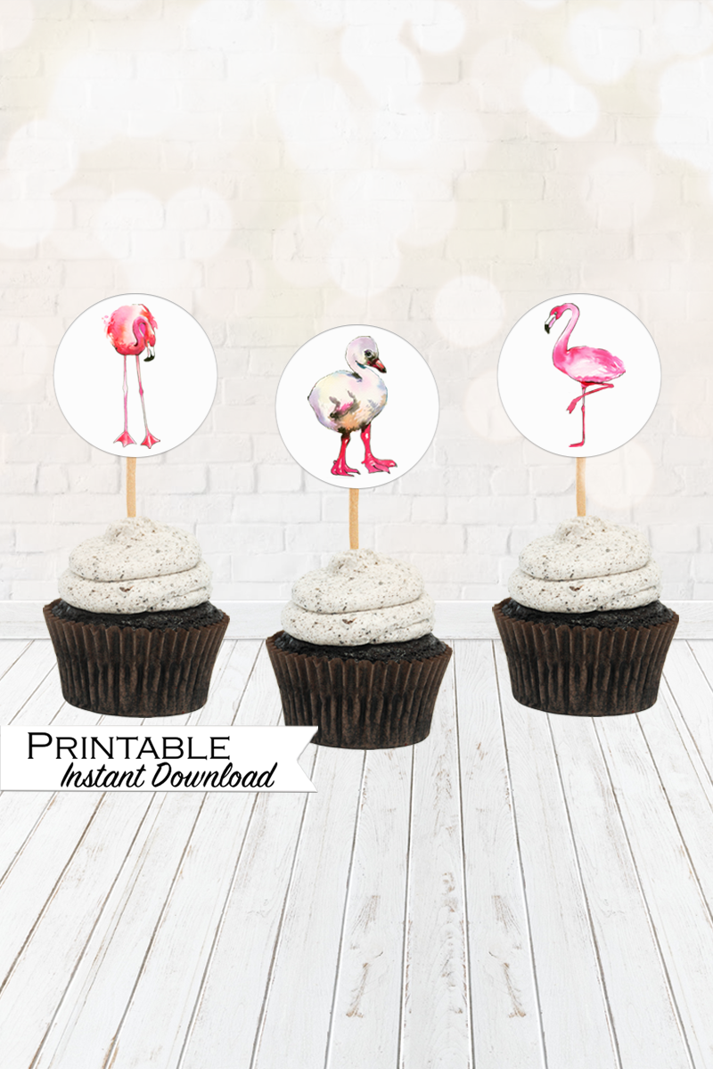 Pink Flamingo Printable Cupcake Toppers Printable - Digital Download