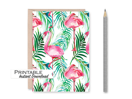 Pink Flamingo Print Blank Card Printable - Digital Download