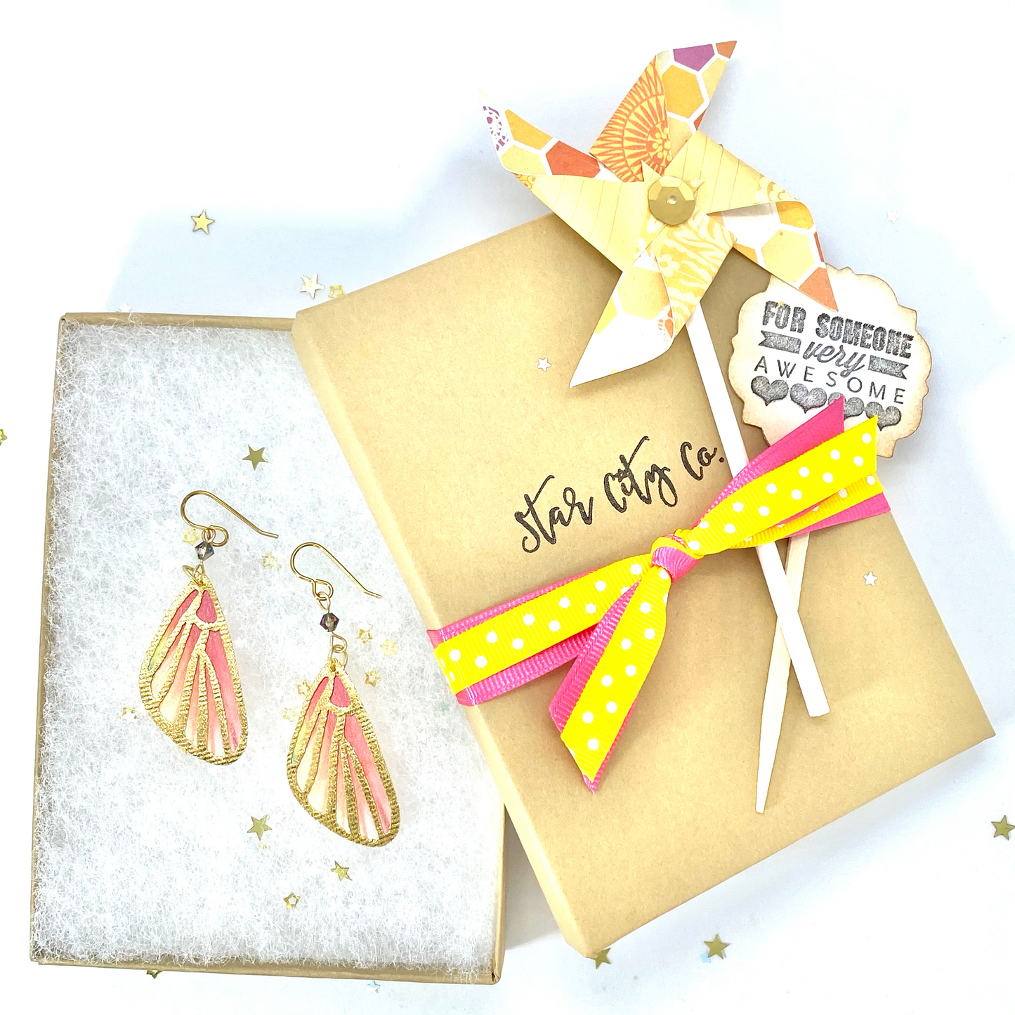 Fairy Wings or Butterfly Wing Earrings - Coral and Yellow