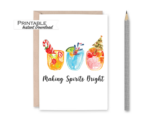 Making Spirits Bright, Christmas Card, Printable Christmas Card, Watercolor Card