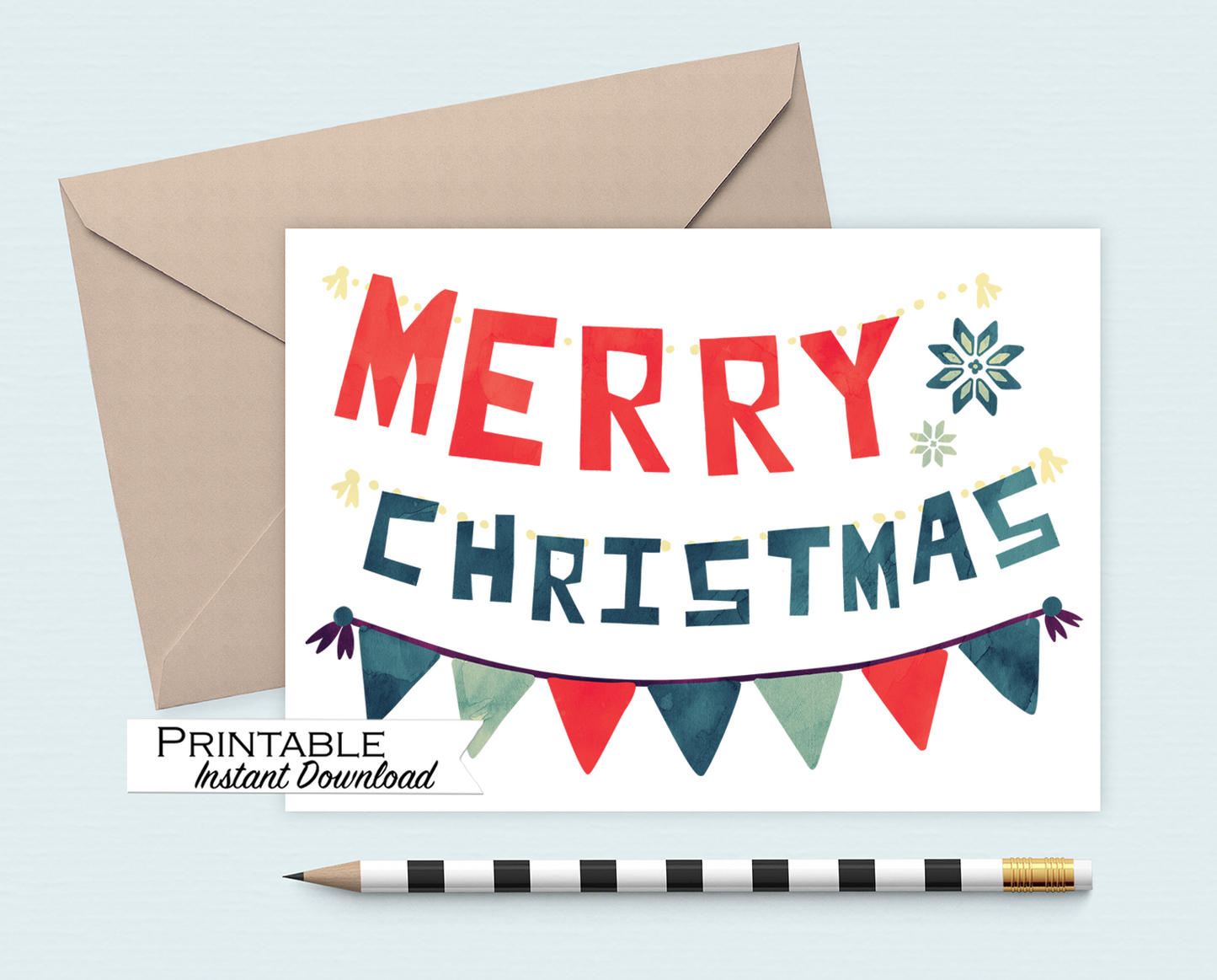 Scandinavian Style Merry Christmas Card Printable - Digital Download
