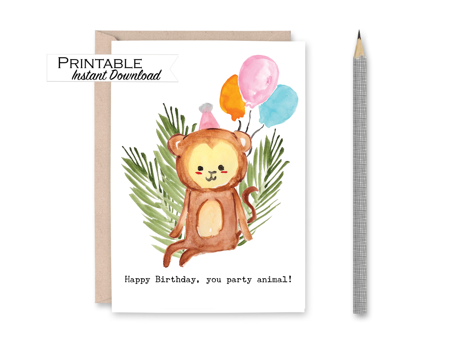 Monkey Party Animal Birthday Card Printable - Digital Download