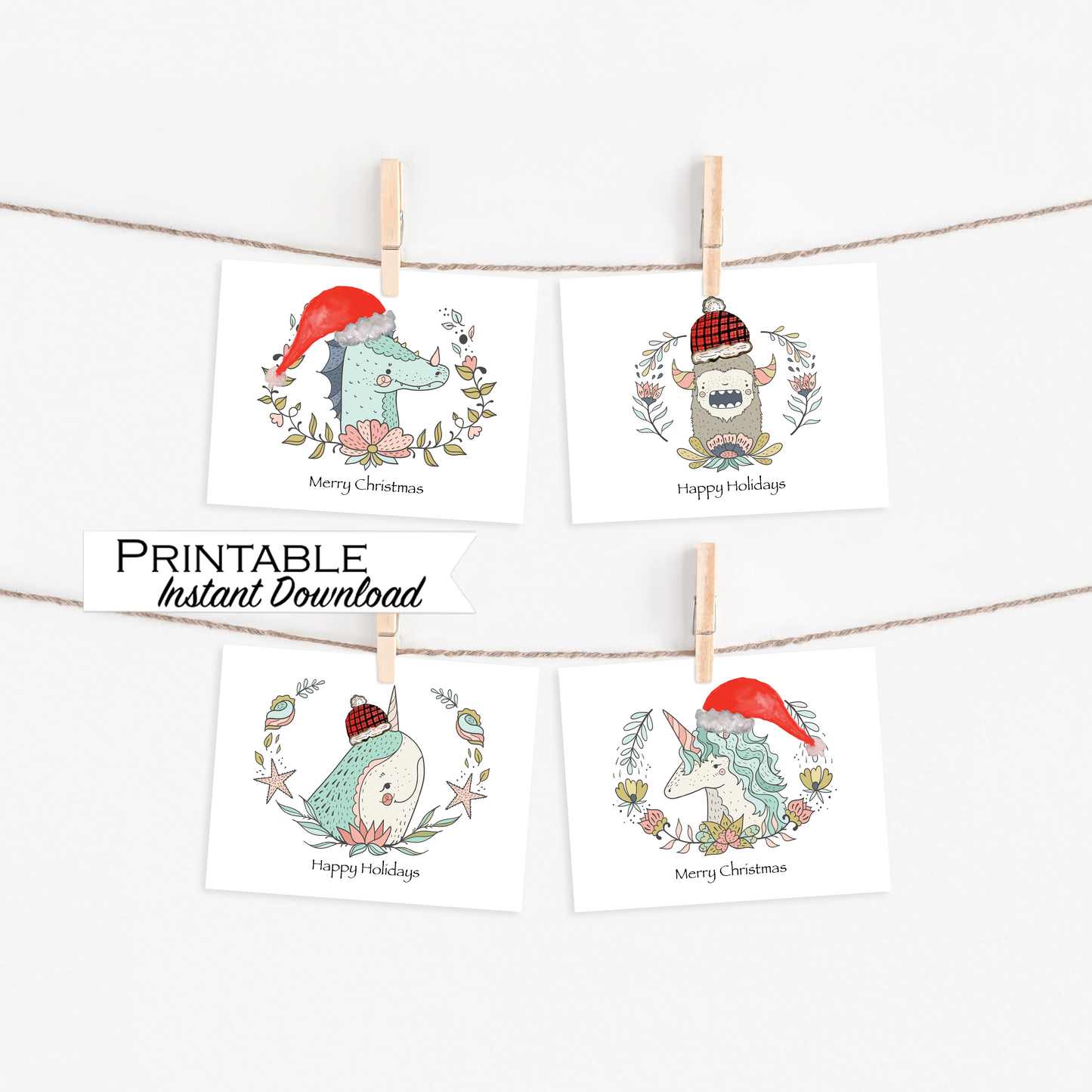 Magical Creatures Christmas Card Set  Printable - Digital Download