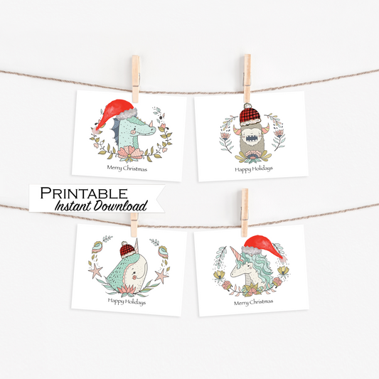 Magical Creatures Christmas Card Set  Printable - Digital Download