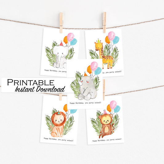 Party Animal Birthday Card Set of 5 - Giraffe, Elephant, Lion, Monkey, Rhino Printable - Digital Download
