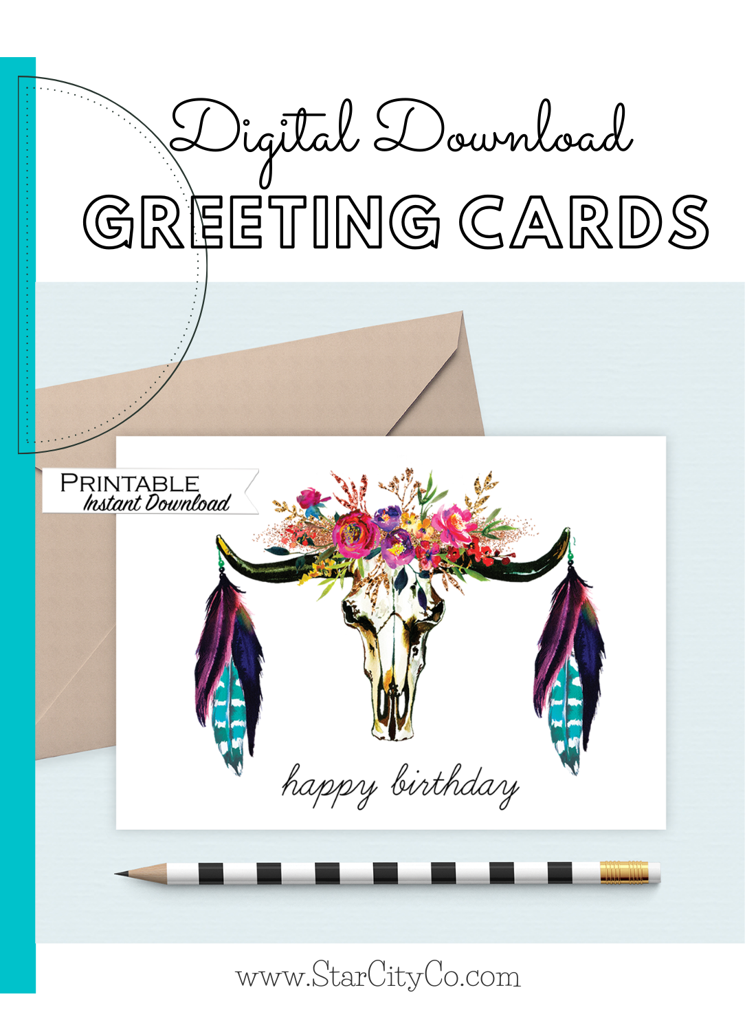 Boho Skull Girlfriend Birthday Card Printable - Digital Download