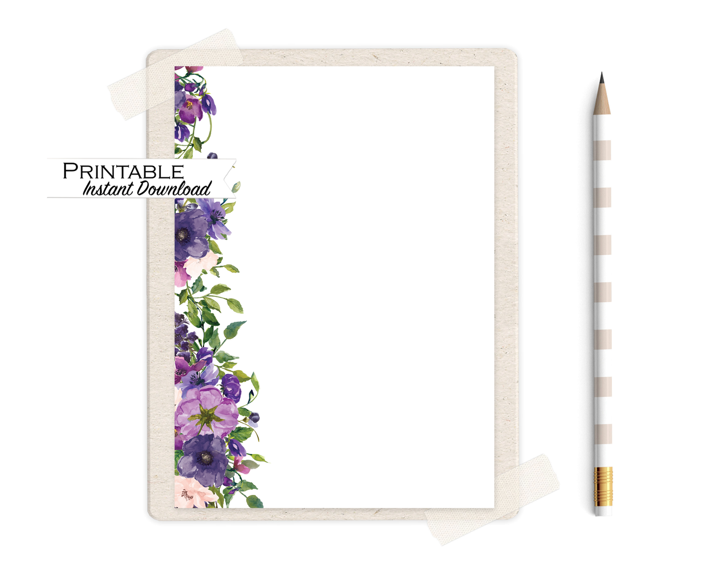 Purple Floral Lined Stationery Printable - Digital Download